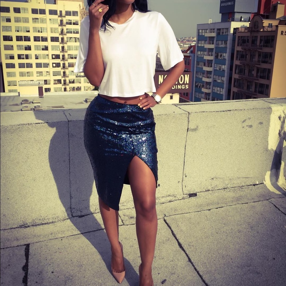 Blue sequin side split skirt